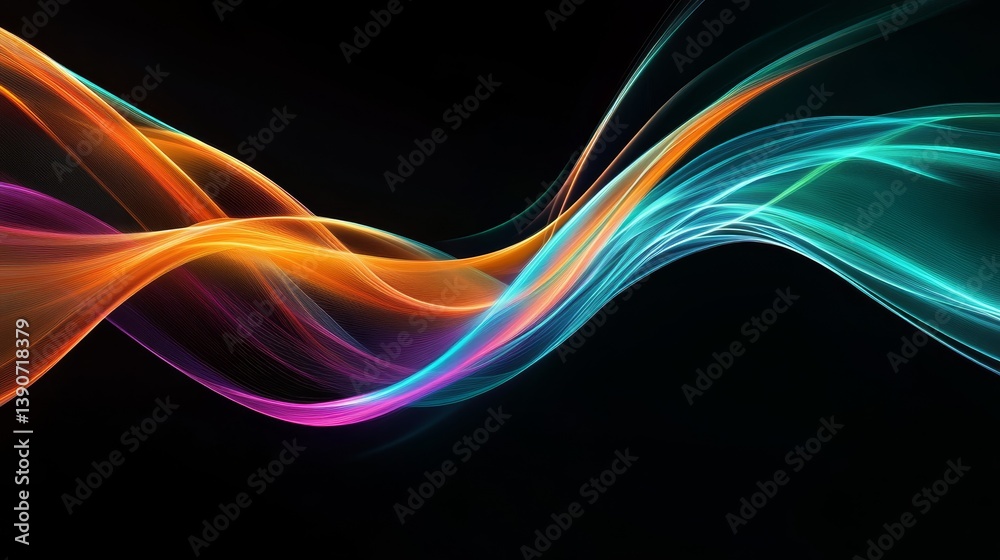 Thin, glowing lines of turquoise, orange and purple converge at one point on a black background