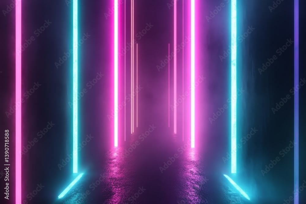 Thin, glowing lines of turquoise, orange and purple converge at one point on a black background