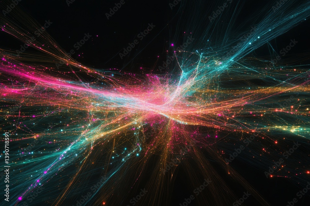 Thin, glowing lines of turquoise, orange and purple converge at one point on a black background