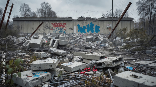 Desolate urban landscape showing debris and graffiti at a construction site in overcast weather
