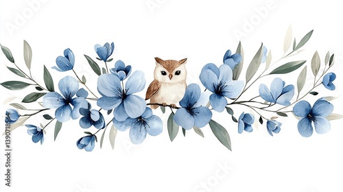   Watercolor portrayal of an owl perched on a tree branch encircled by azure blossoms and verdant foliage