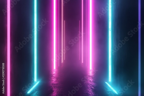 Obraz na płótnie Thin, glowing lines of turquoise, orange and purple converge at one point on a black background w salonie