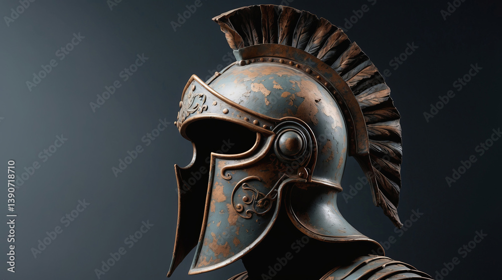 Fototapeta premium Historic gladiator helmet on display highlighting intricate metalwork and age patina effects