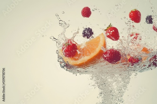 Obraz na płótnie Various fruits and berries falling into water on a light background w salonie