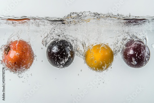 Obraz na płótnie Various fruits and berries falling into water on a light background w salonie