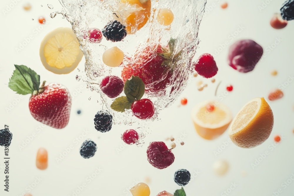 Various fruits and berries falling into water on a light background