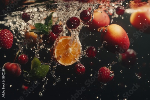 Obraz na płótnie Various fruits and berries falling into water on a dark background w salonie