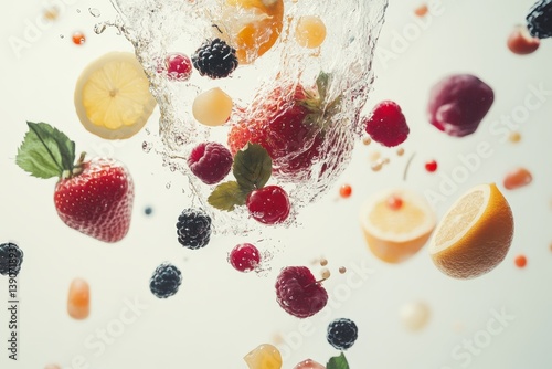 Obraz na płótnie Various fruits and berries falling into water on a light background w salonie