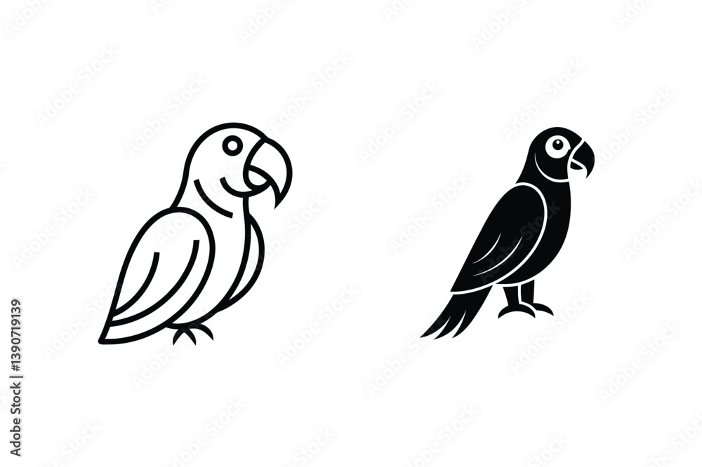 Obraz premium Two Parrot Icons Line Art And Silhouette Tropical Bird Illustration