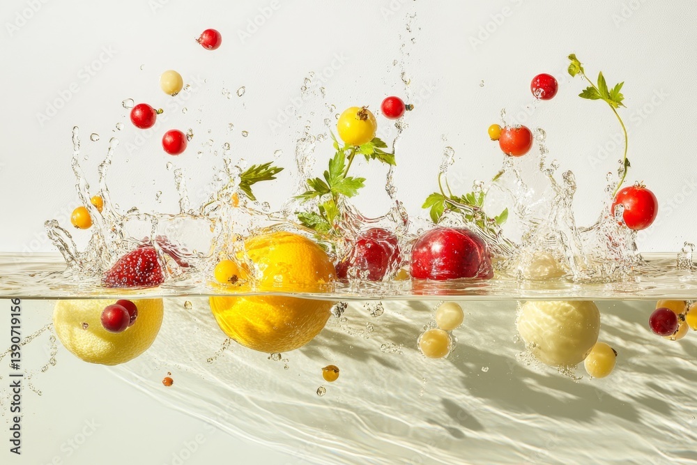 Various fruits and berries falling into water on a light background