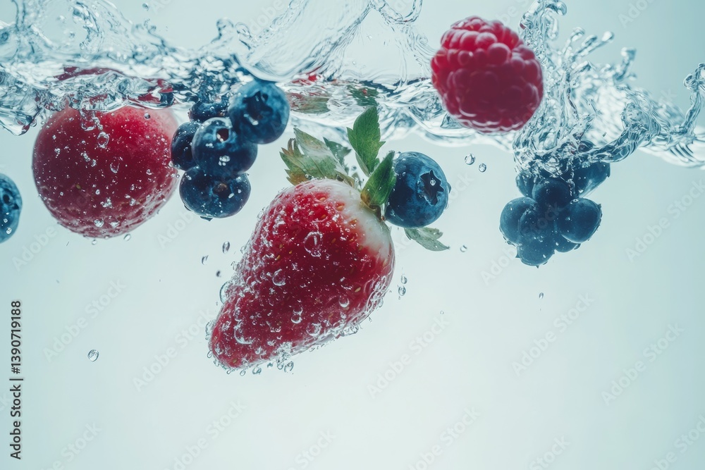 Various fruits and berries falling into water on a light background