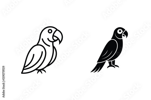 Two Parrot Icons Line Art And Silhouette Tropical Bird Illustration