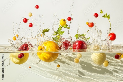Obraz na płótnie Various fruits and berries falling into water on a light background w salonie