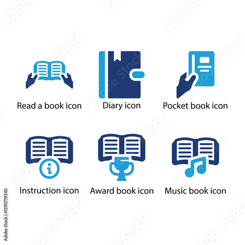 Read a book, Diary, Pocket book, Instruction, Award book, Music book, Blue Icon Set