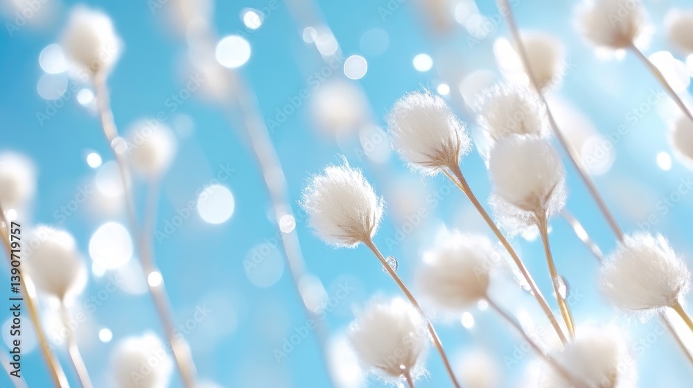 Delicate white flowers against a vibrant blue sky. Soft, fluffy blossoms, delicate stems rise against a bright blue backdrop, scattered with sparkling highlights. A gentle, airy feel Delicate white flowers against a vibrant blue sky. Soft, fluffy blossoms, delicate stems rise against a bright blue backdrop, scattered with sparkling highlights. A gentle, airy feel