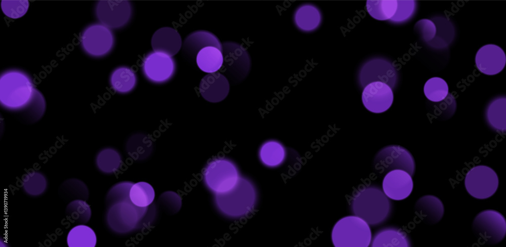 Purple bokeh, blurred background with sparkling lights, blurry glitter effect. Bright soft abstract background. Vector illustration.