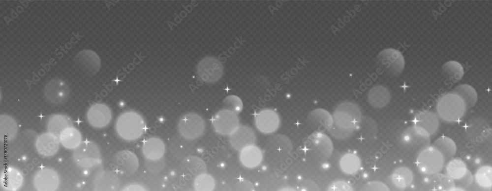 White bokeh with stars and sparkles, shiny overlay decoration isolated on grey background. Vector illustration.