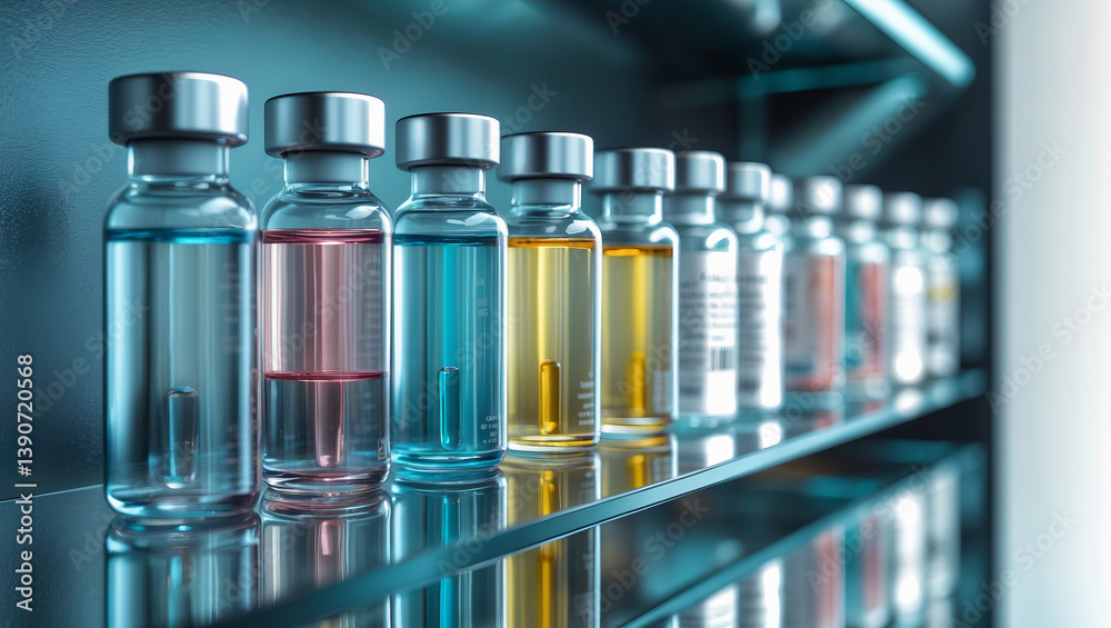 Colorful vials containing various liquids on a sleek shelf under bright lighting in a laboratory Colorful vials containing various liquids on a sleek shelf under bright lighting in a laboratory