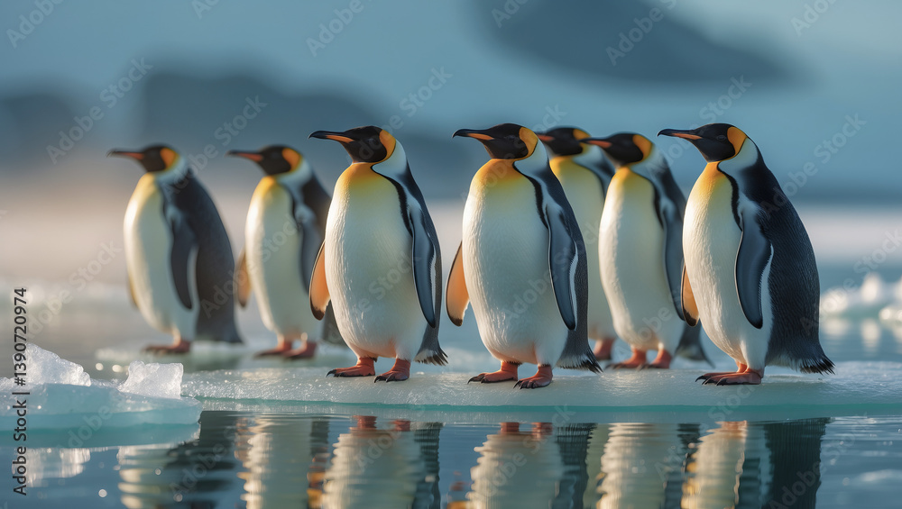 Obraz premium Group of penguins standing on ice in a serene Antarctic landscape during early morning