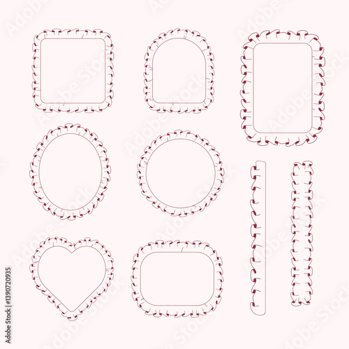 Set of burgundy ruffle frames in various shapes. Hand-drawn vector elements for cards, scrapbooking, baby designs, and digital projects on a light background.