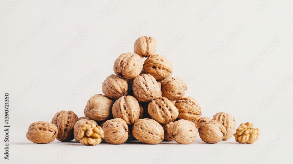 A pyramid of freshly cracked walnuts with their shells and kernels cascading naturally against a spotless white background A pyramid of freshly cracked walnuts with their shells and kernels cascading naturally against a spotless white background