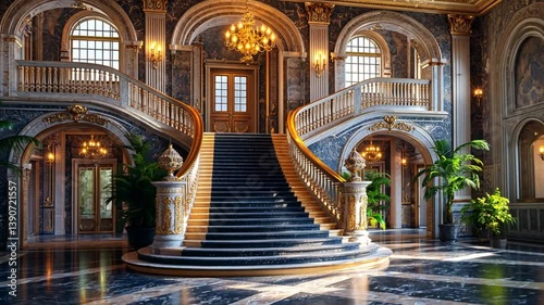 Grand Staircase, opulent hall, sunlight streams, grand entrance,  interior design, use for architecture, home decor, hotel, or real estate