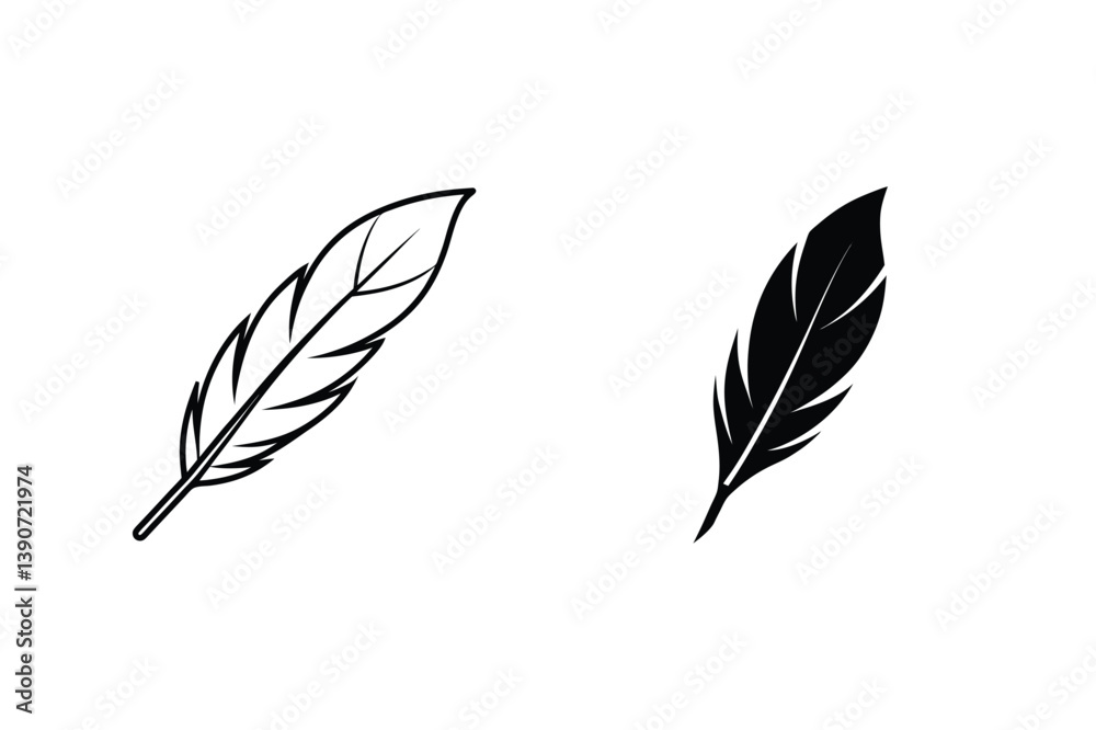 Elegant Black And White Feather Icons Vector Illustration Isolated On White Background