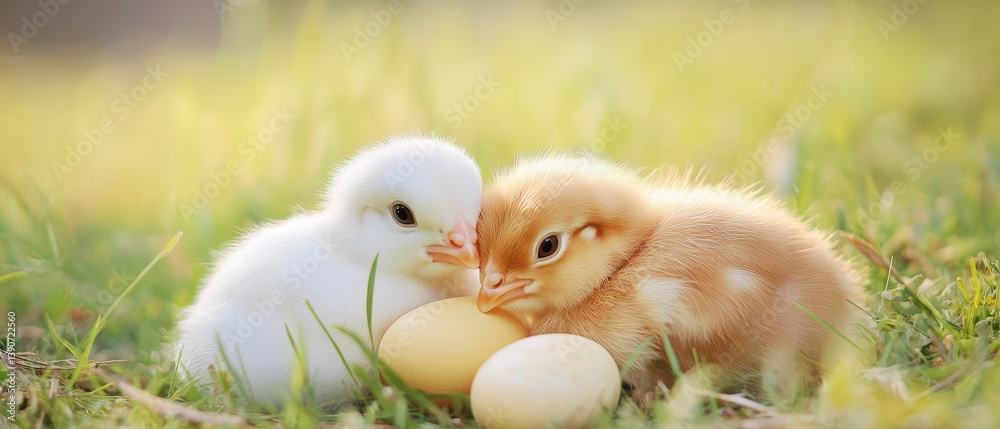 Fluffy chicks resting on grass beside eggs