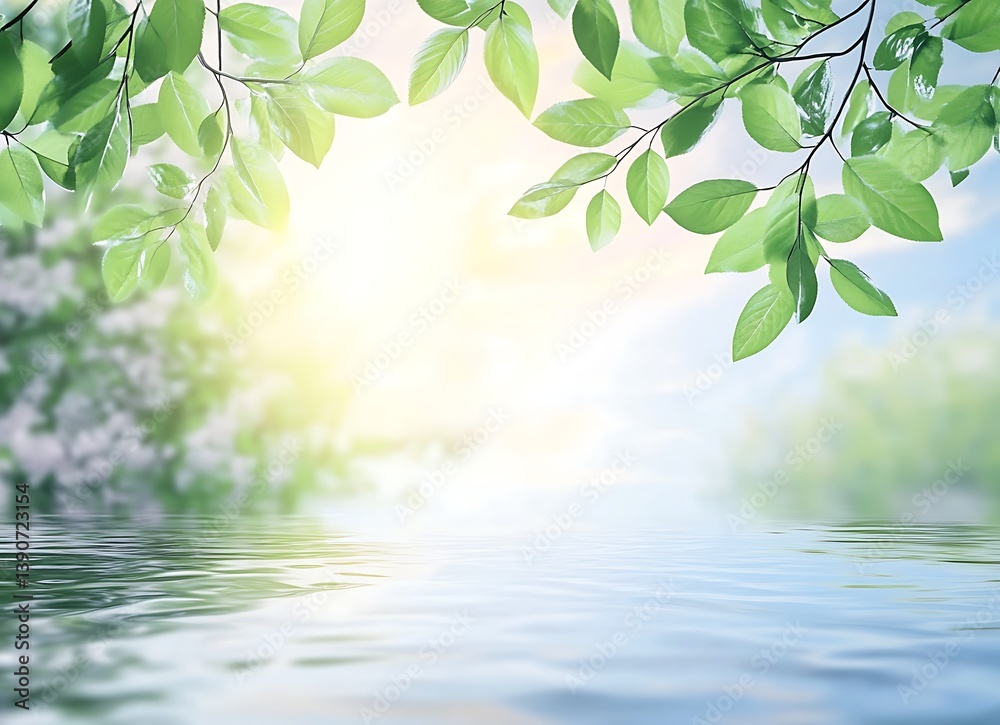 A branch of green leaves against the background of a lake, a spring nature landscape with blur and sky, close-up A branch of green leaves against the background of a lake, a spring nature landscape with blur and sky, close-up