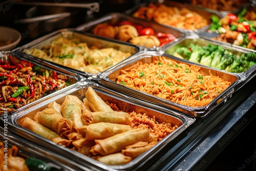 Delicious Asian Menu: A Buffet of Spring Rolls, Samosas, Fried Noodles, Soup, Rice, and Dumplings Delicious Asian Menu: A Buffet of Spring Rolls, Samosas, Fried Noodles, Soup, Rice, and Dumplings