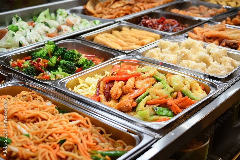 Diverse Asian Menu: A Tantalizing Buffet Featuring Spring Rolls, Samosas, Fried Noodles, Savory Soups, Rice, and Dumplings Diverse Asian Menu: A Tantalizing Buffet Featuring Spring Rolls, Samosas, Fried Noodles, Savory Soups, Rice, and Dumplings