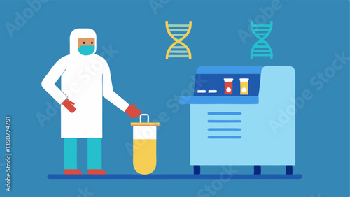 PCR Process A depiction of a forensic scientist standing beside a PCR Polymerase Chain Reaction machine monitoring the amplification of DNA.