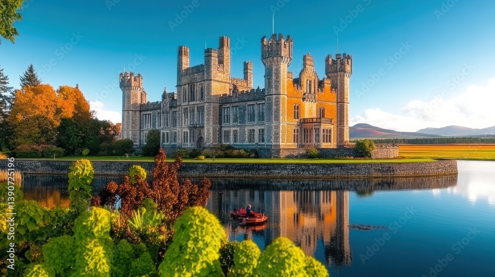 Naklejka premium Tourists kayaking near a picturesque irish castle in autumn