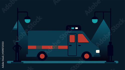 Night Operation An illustration of the surveillance van at night with soft light emanating from the monitors inside and the silhouette of the suspect walking under street lamps.