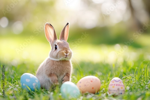 Obraz na płótnie Cute rabbit beside colorful Easter eggs in spring w salonie