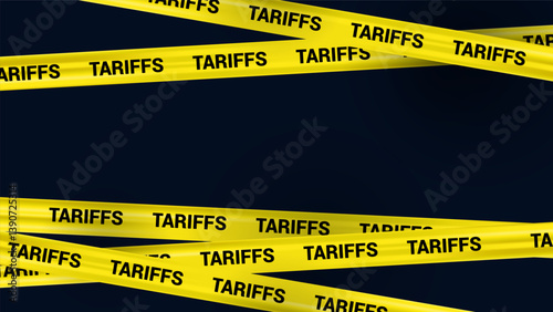Warning Yellow Stripe Tariff News Vector Banner, Realistic Crossed Tape with Word Tariff on Dark Background, Risk Border