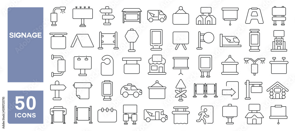 Set of 50 line icons related to signage, outdoor advertising, advertisement, signboard, stand, banner, finger post, road sign, billboard, Editable stroke. Vector illustration Set of 50 line icons related to signage, outdoor advertising, advertisement, signboard, stand, banner, finger post, road sign, billboard, Editable stroke. Vector illustration