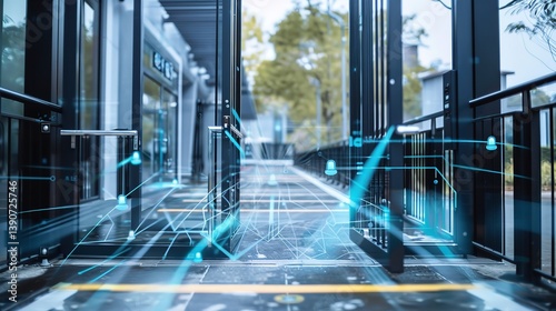 Smart Building Entrance with Automated Sliding Doors and Digital Connectivity