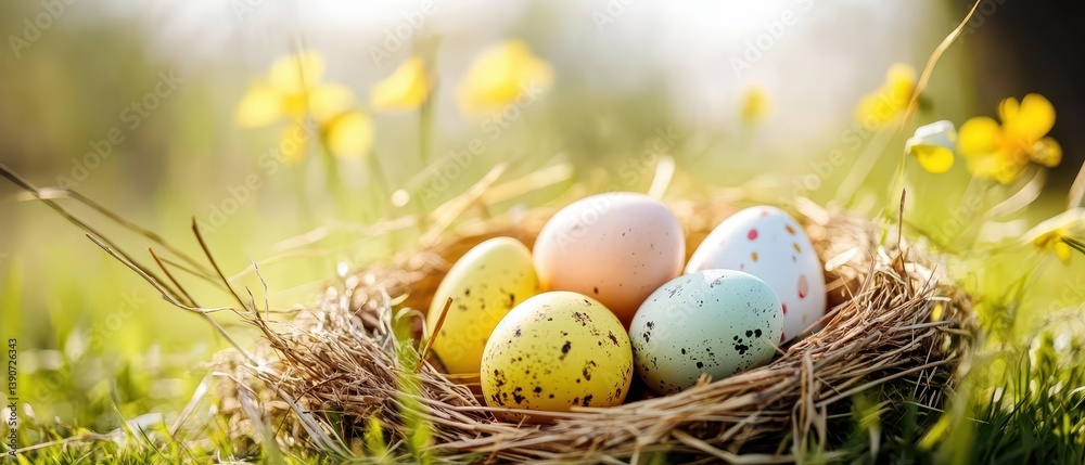 Colorful easter eggs in a nest on a sunny day
