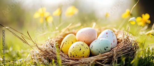 Obraz na płótnie Colorful easter eggs in a nest on a sunny day w salonie