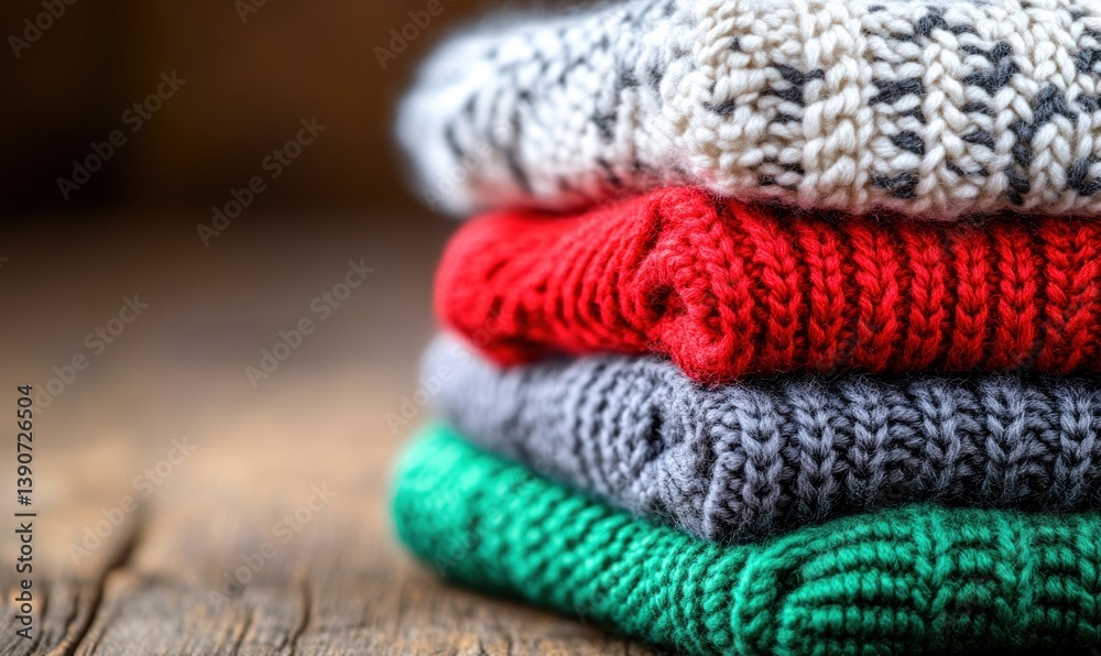 Stacked colorful knitted sweaters on wooden surface Stacked colorful knitted sweaters on wooden surface
