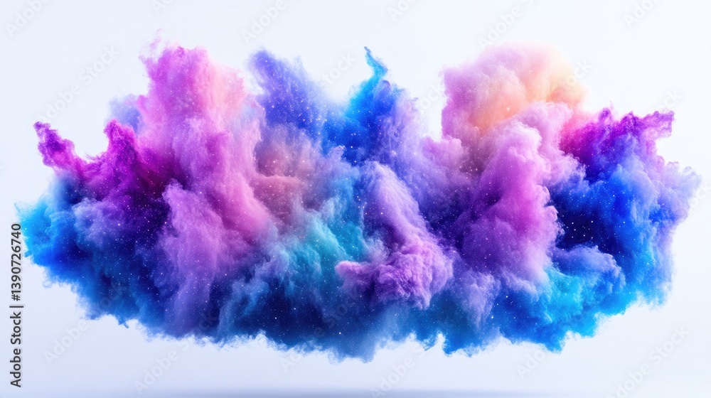 Fototapeta premium Colorful, abstract cloud-like explosion. A vibrant, ethereal display of swirling, pastel-hued particles against a plain backdrop. Soft, diffused light highlights the textures and colors