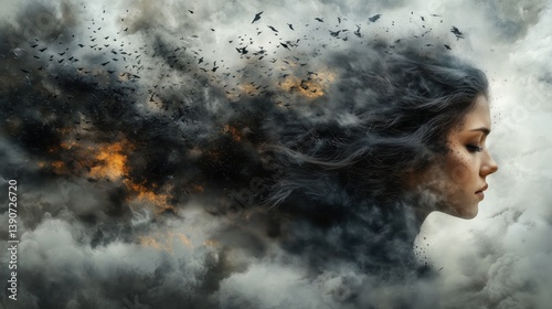 Woman emerging from dark clouds with flying birds and fire: surreal portrait symbolizing struggle and rebirth