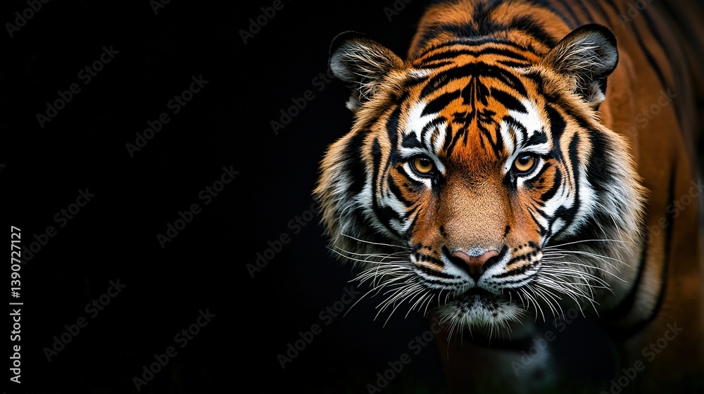 Naklejka premium Close-up of a tiger's face on black background, blurred head