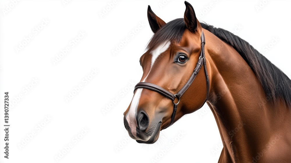 Fototapeta premium Chestnut horse posing with bridle on white background
