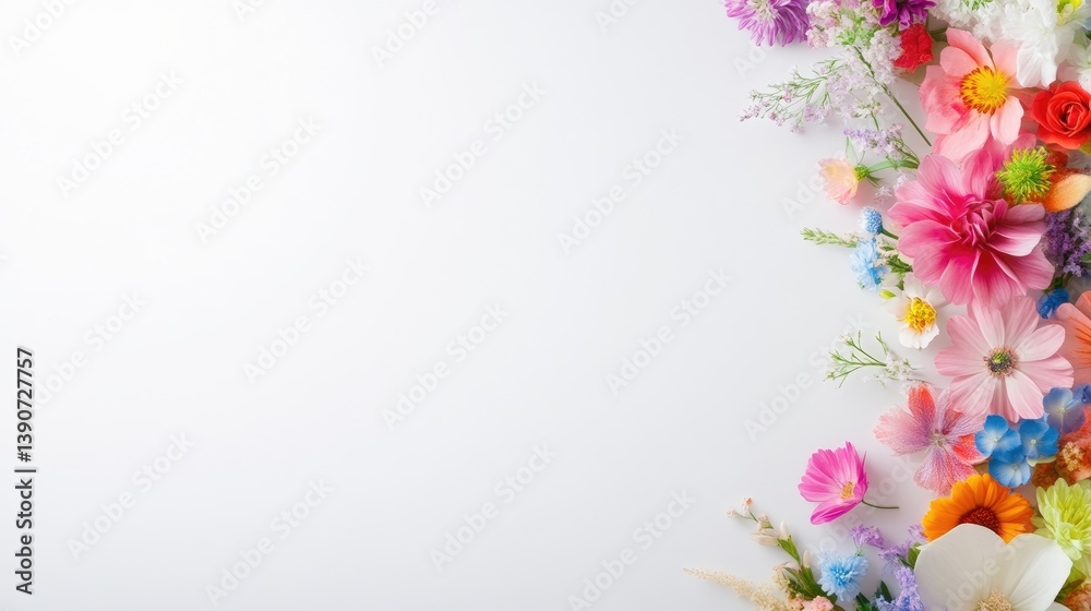 Naklejka premium A vibrant bouquet of colorful flowers arranged vertically on a pristine white background, showcasing a variety of floral species and hues, and elegant floral arrangement.