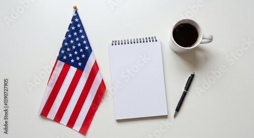 American flag on a brown notebook with a coffee cup on the office desk