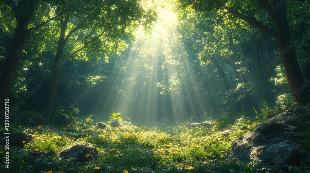 Obraz premium Lush forest path sunlight