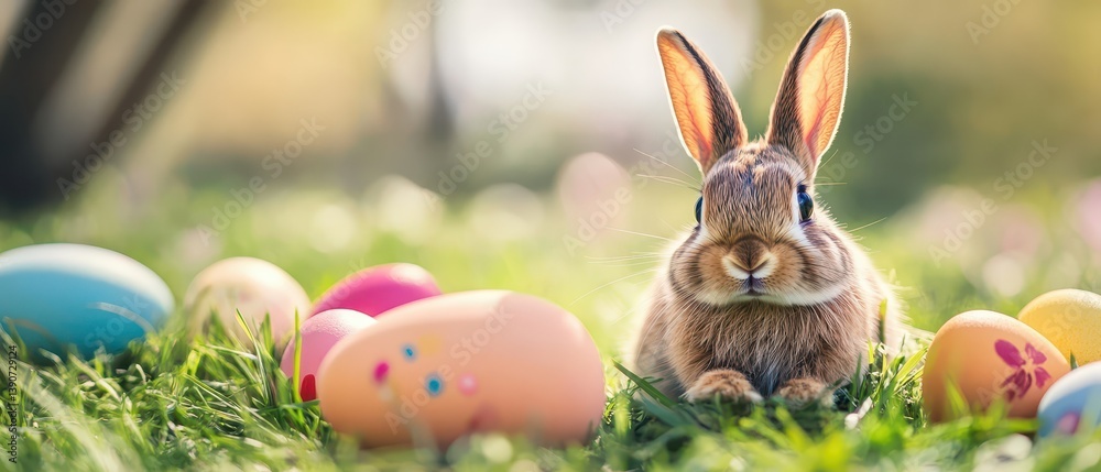 Cute bunny among colorful eggs in grassy field