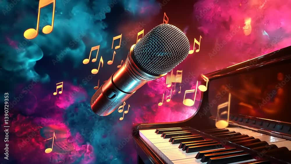 A vibrant scene featuring a microphone and piano amidst colorful musical notes and swirling clouds